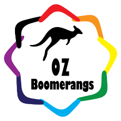 Logo of OZ Boomerangs with a kangaroo silhouette and colorful ring on a white background