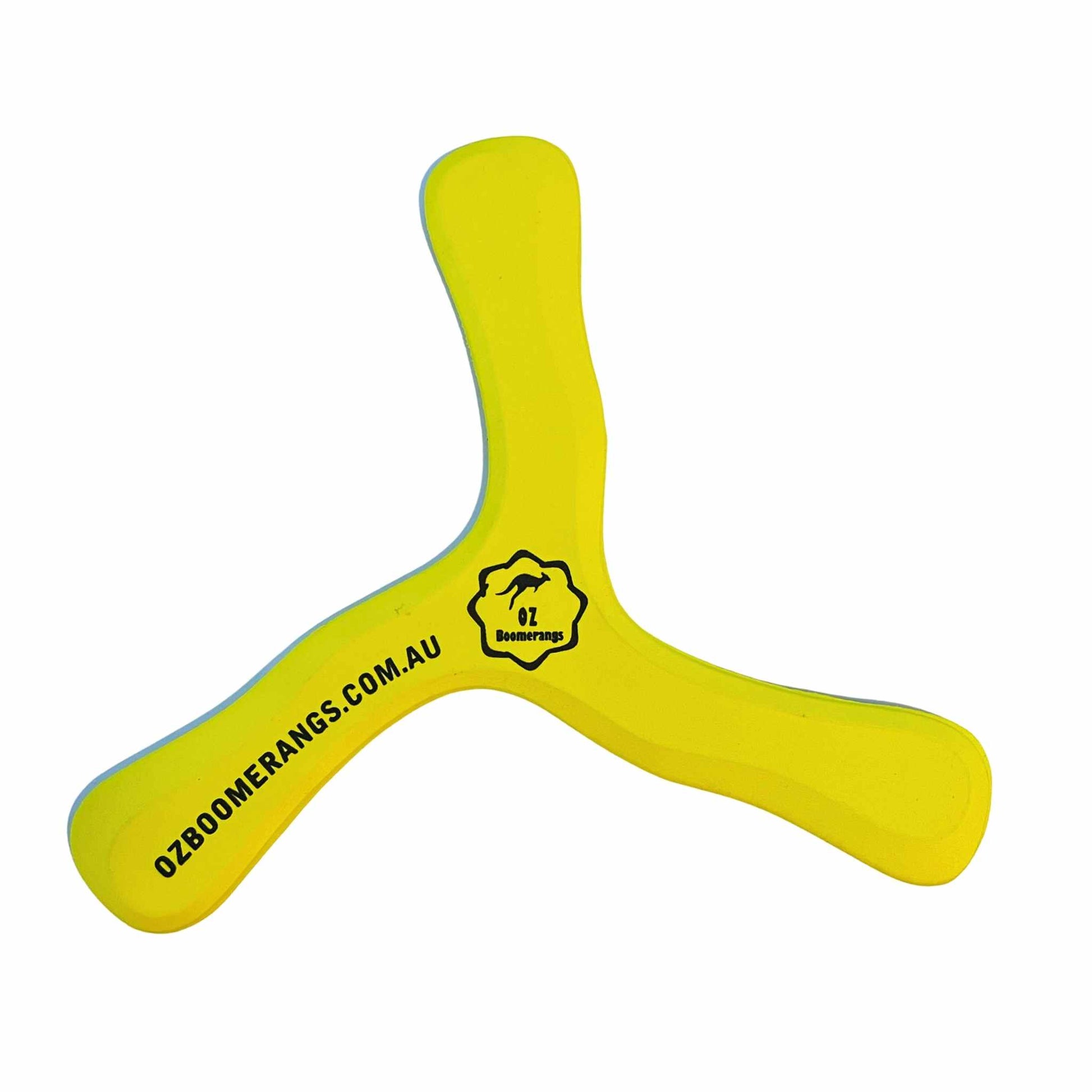 Yellow boomerang with 'OZBODMERANG.COM.AU' text on a white background