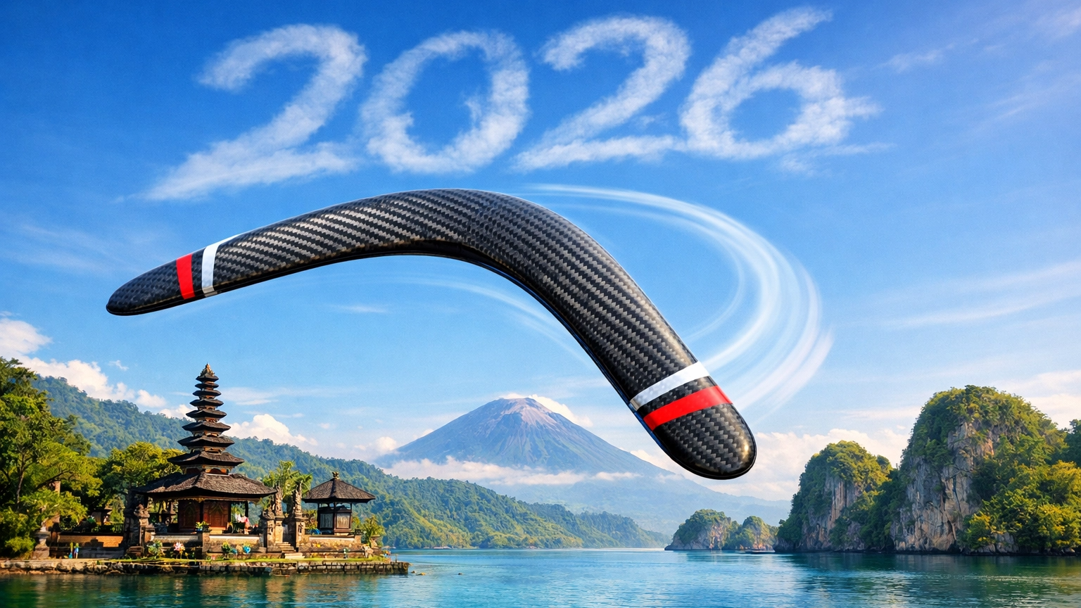 Boomerang with '2026' text over a scenic landscape with mountains and a temple.